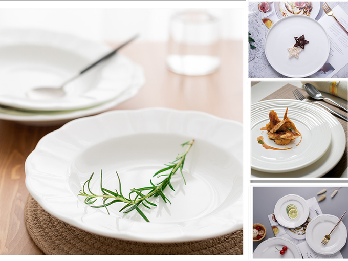 Dinnerware γαμήλιων μελαμινών θέτει στο άσπρο στρογγυλό πιάτο το κομψό σχέδιο 1